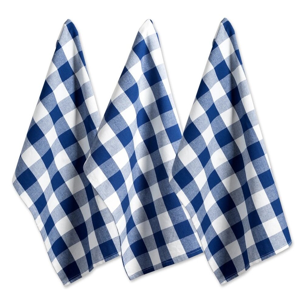 DII Buffalo Check Dishtowel Set 3 Piece 20"x30" Navy‎ & Cream 100% Cotton